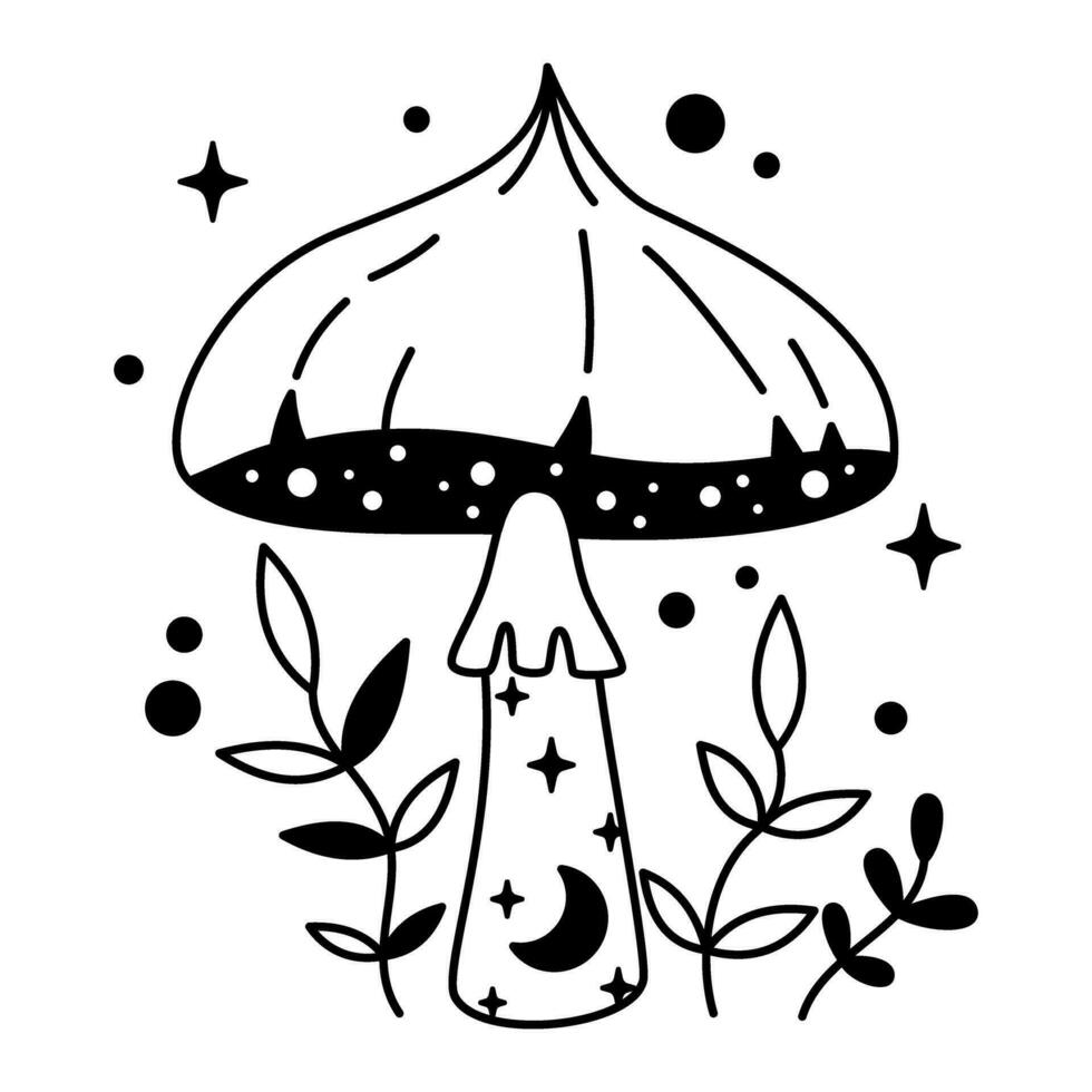 Vector witchy magical mushroom with stars and moon in black color. Outline magic mushroom and leaves. Fairytale esoteric mushroom.