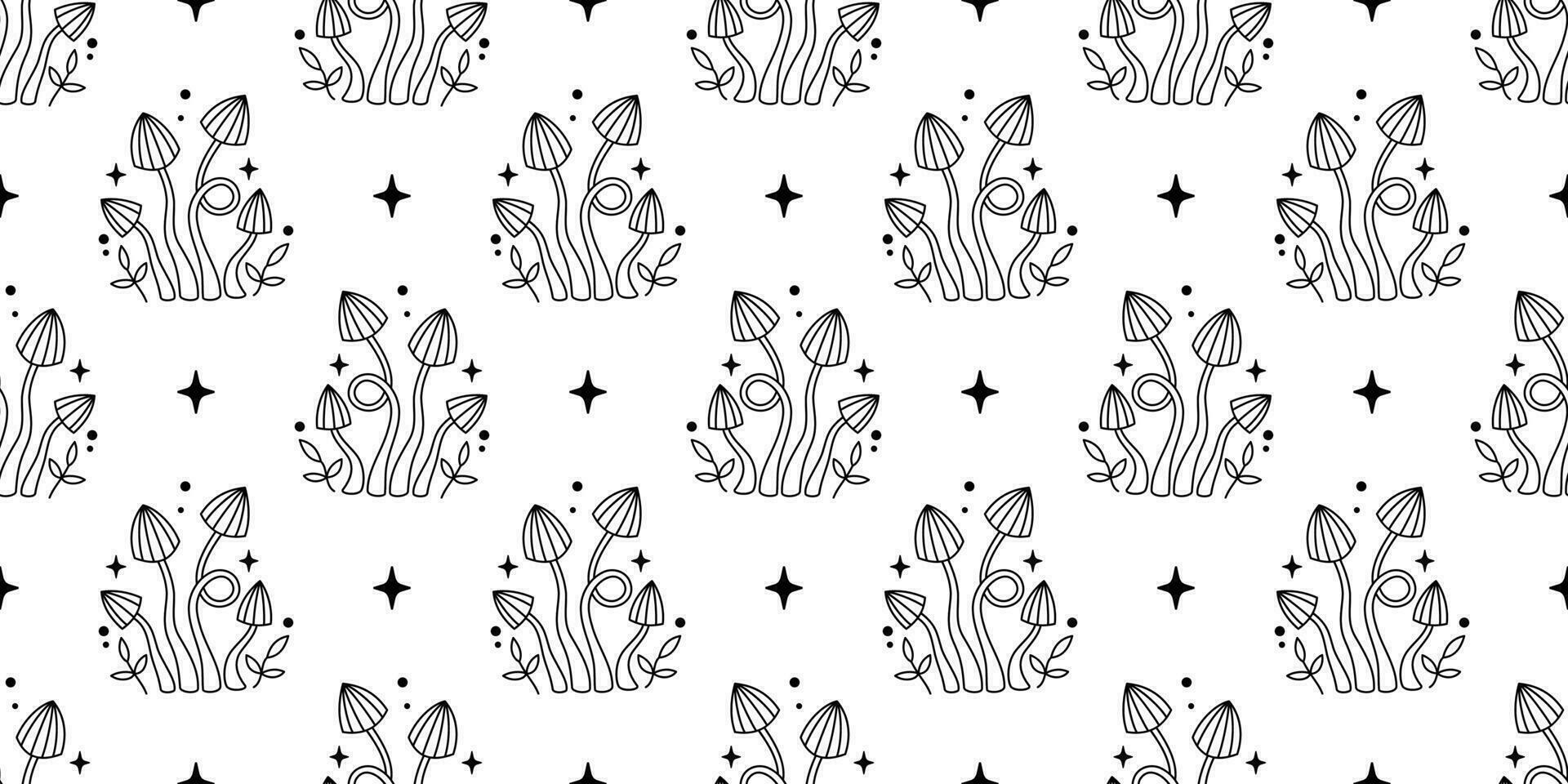 Vector magic mushrooms seamless pattern. Outline mushrooms, stars and leaves. Black mystic striped mushrooms on white background. Witchy esoteric seamless pattern.