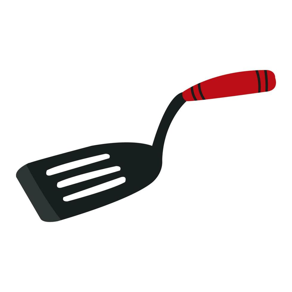 Cute cartoon style black spatula with red handle. Doodle kitchen utensil clip art. Isolated on white. vector