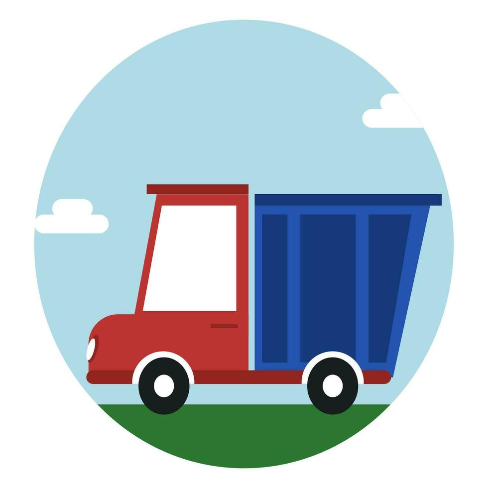 An illustration of a cute red dump truck with blue container. Cartoon style construction machine. Children educational page. vector