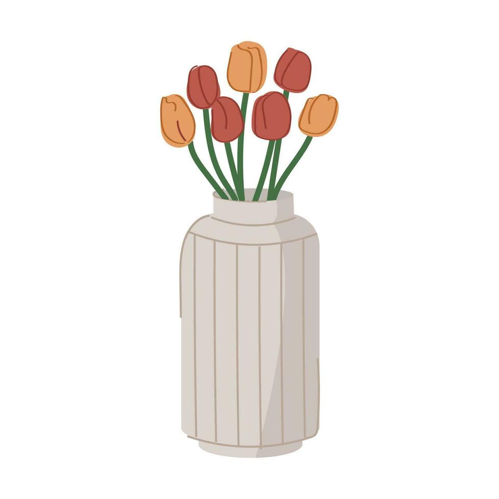 Cute modern flower vase with tulips. Ceramic pot with spring flowers. Isolated on white. vector