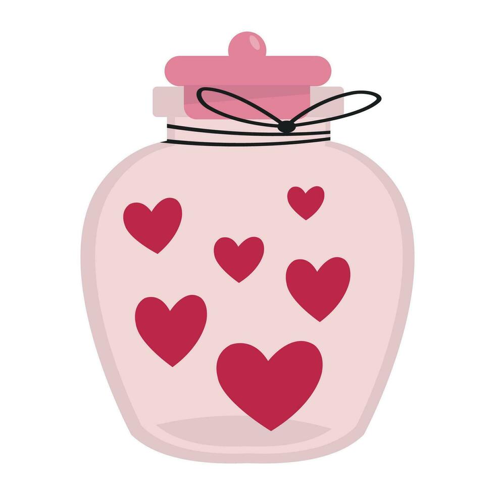 Cute cartoon style jar filled with hearts. Valentines day celebration. Love concept. Design element for poster, banner, flyer, greeting card, stickers. Isolated on white. vector