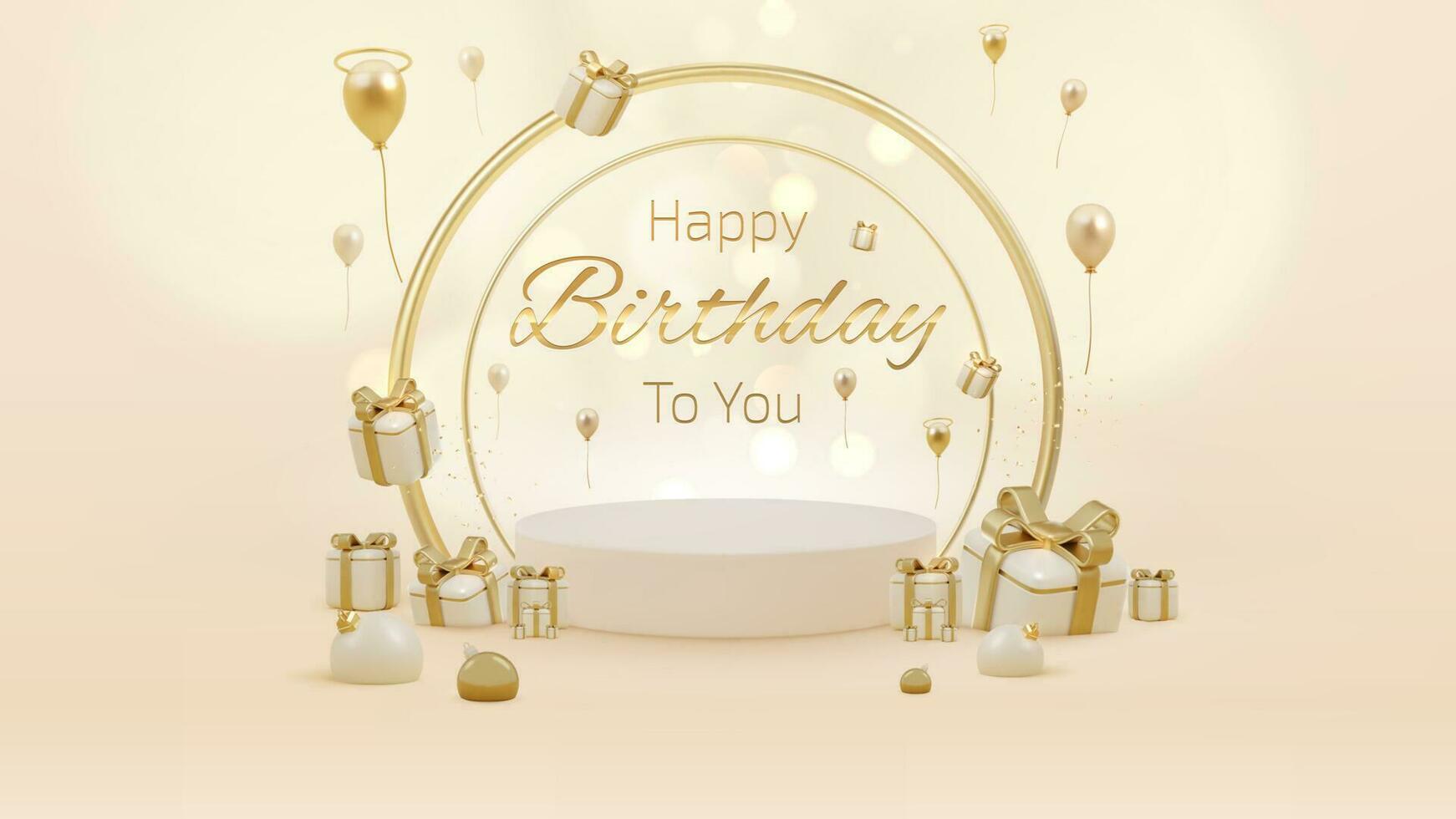 Happy birthday background and gift box and realistic balloons ornament with ribbon. vector