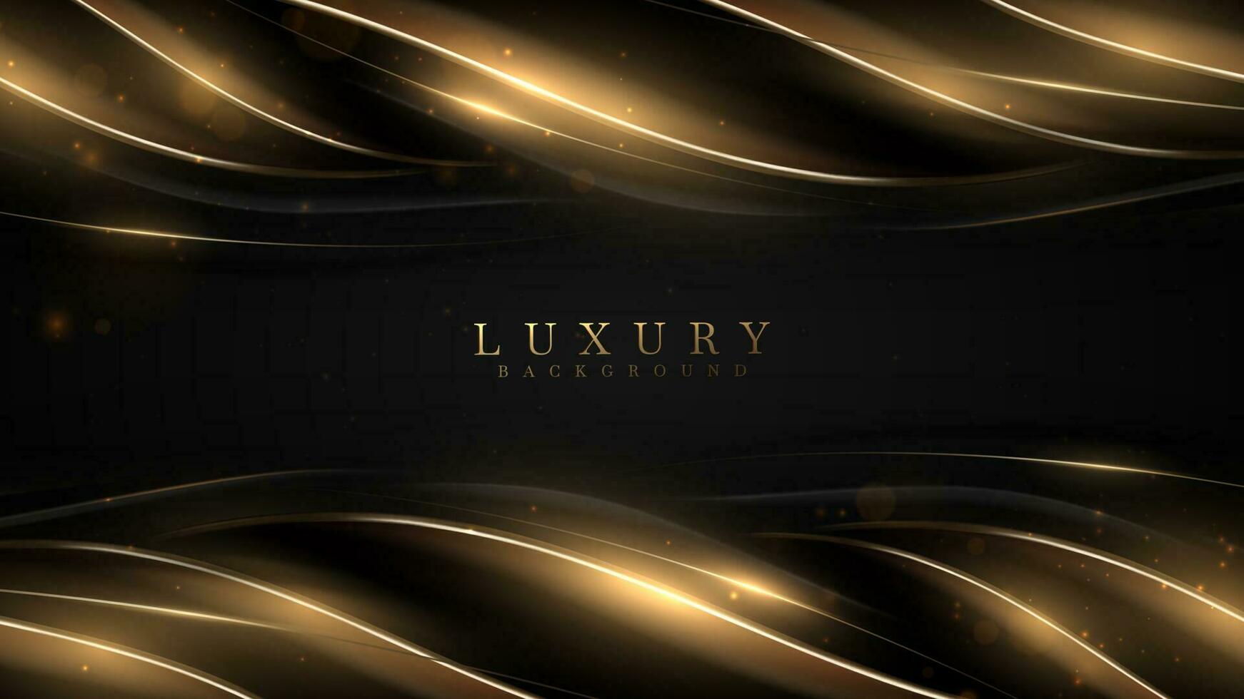 Abstract black luxury background with gold curve element and golden light effect decorations and bokeh. vector