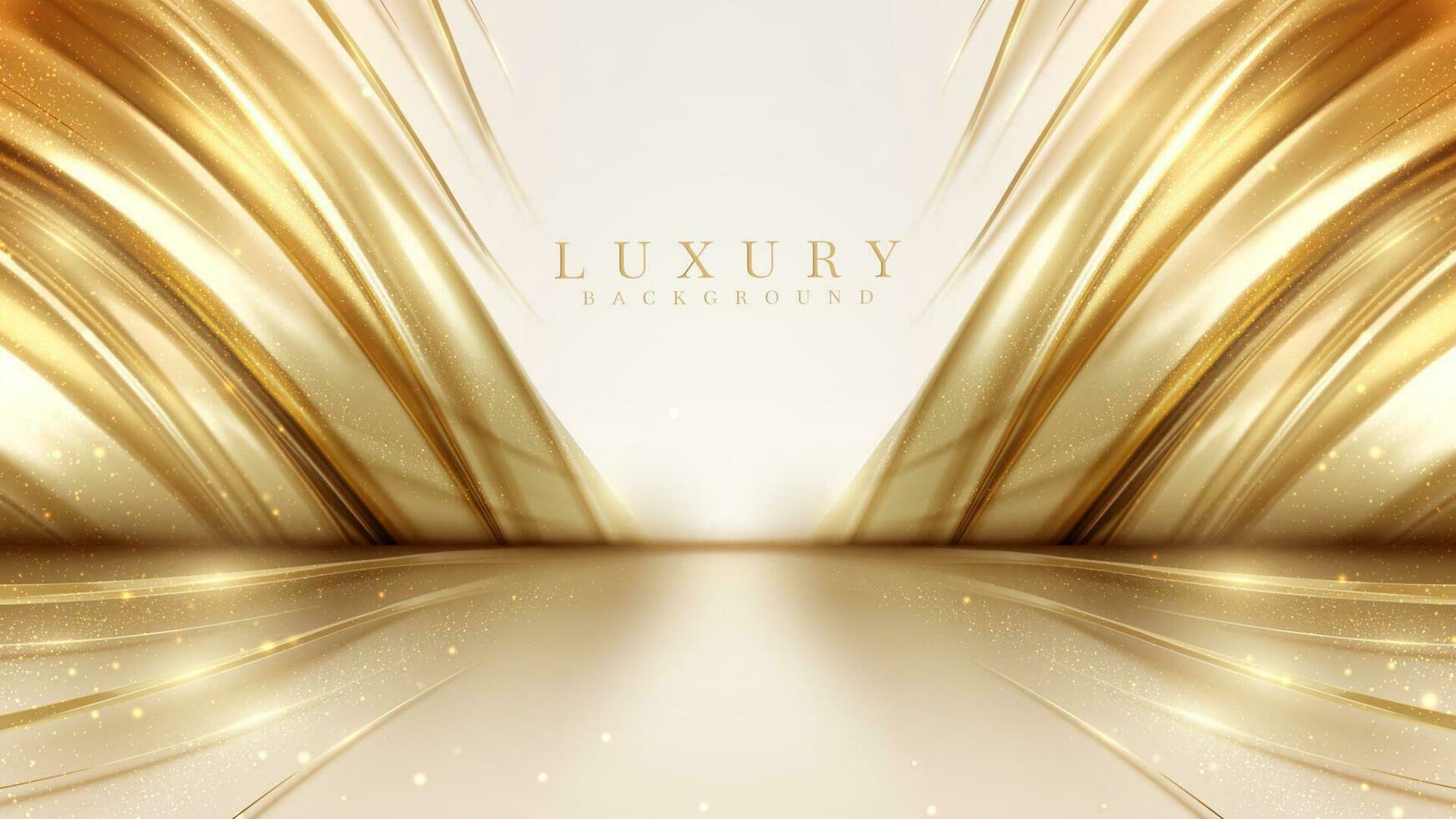 Luxury cream color background with golden line elements and curve light effect decoration and bokeh. vector