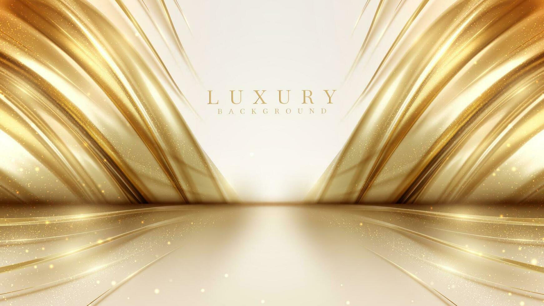 Luxury cream color background with golden line elements and curve light effect decoration and bokeh. vector