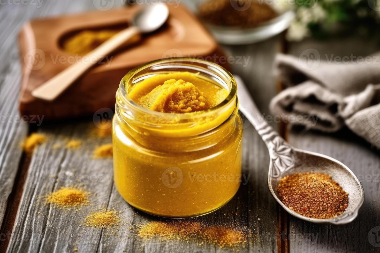 stock photo of mustard paste in kitchen table flat lay