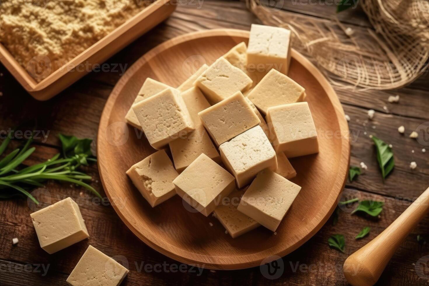 stock photo raw tofu in kitchen table flat lay