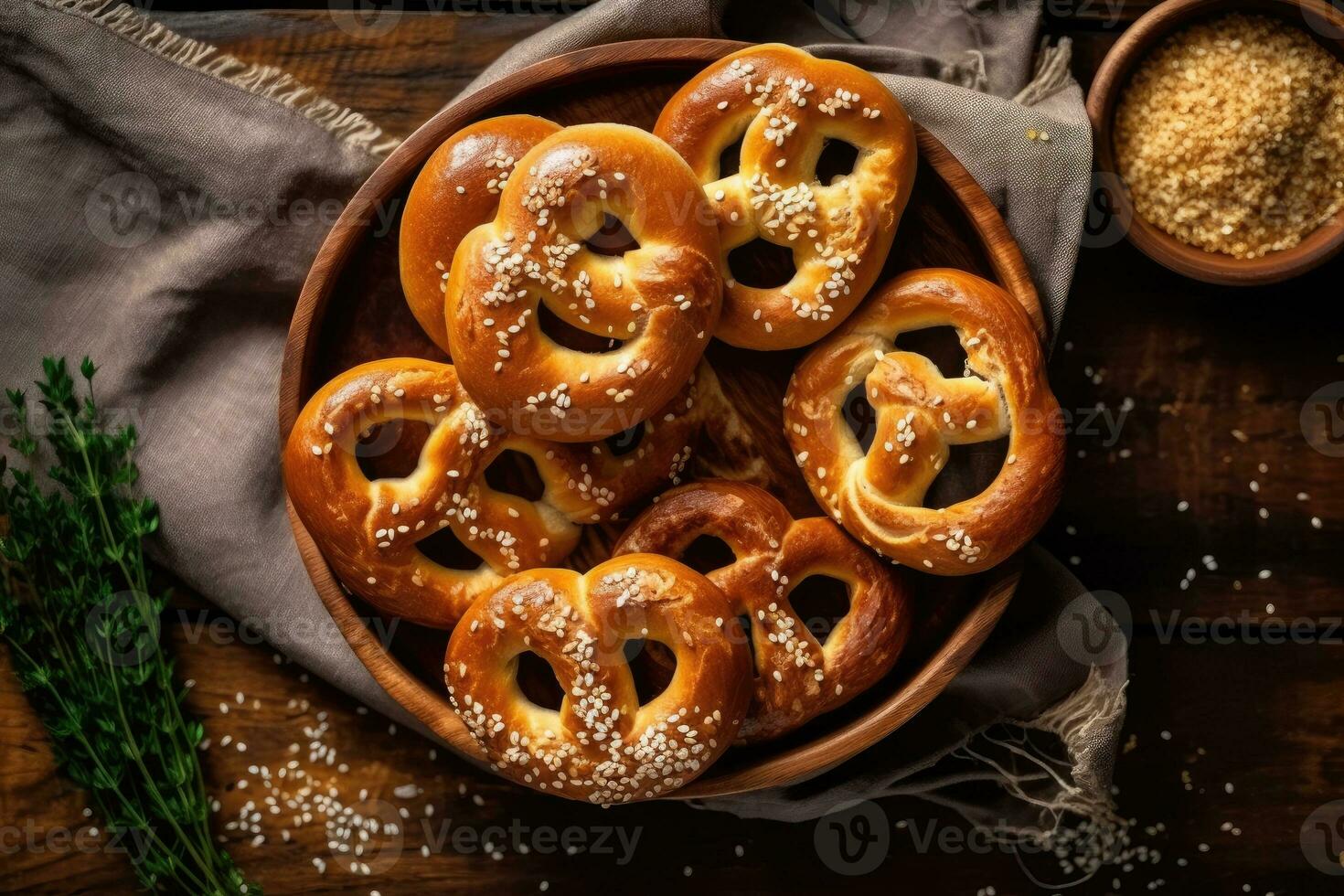 valores foto de pretzels en cocina mesa plano laico ai generado