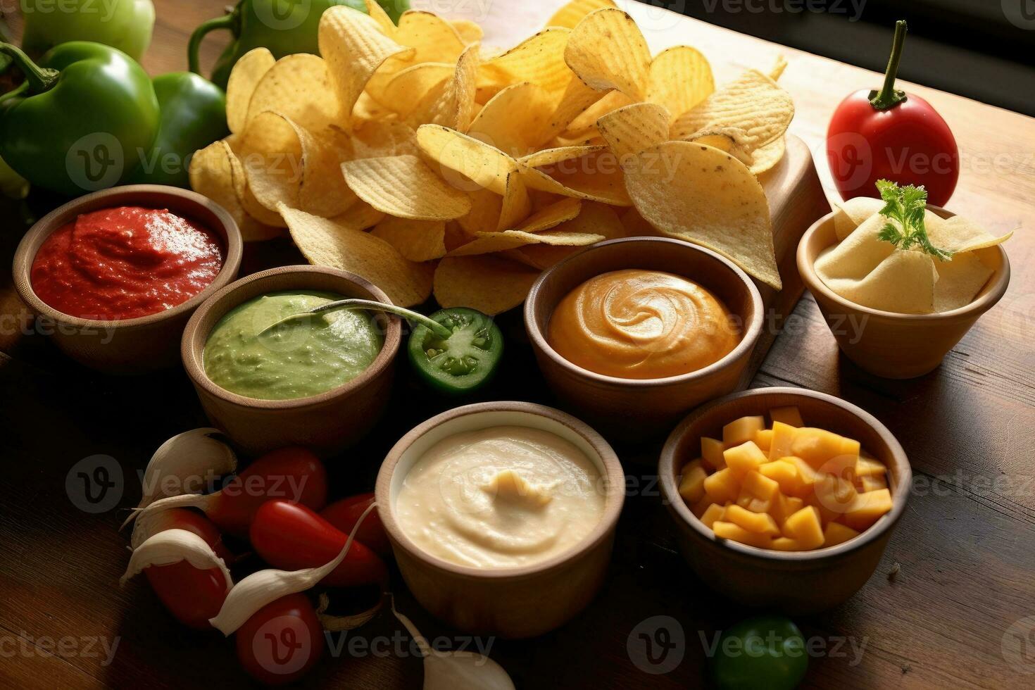 chips and dips in the kitchen table Food Photography AI Generated photo