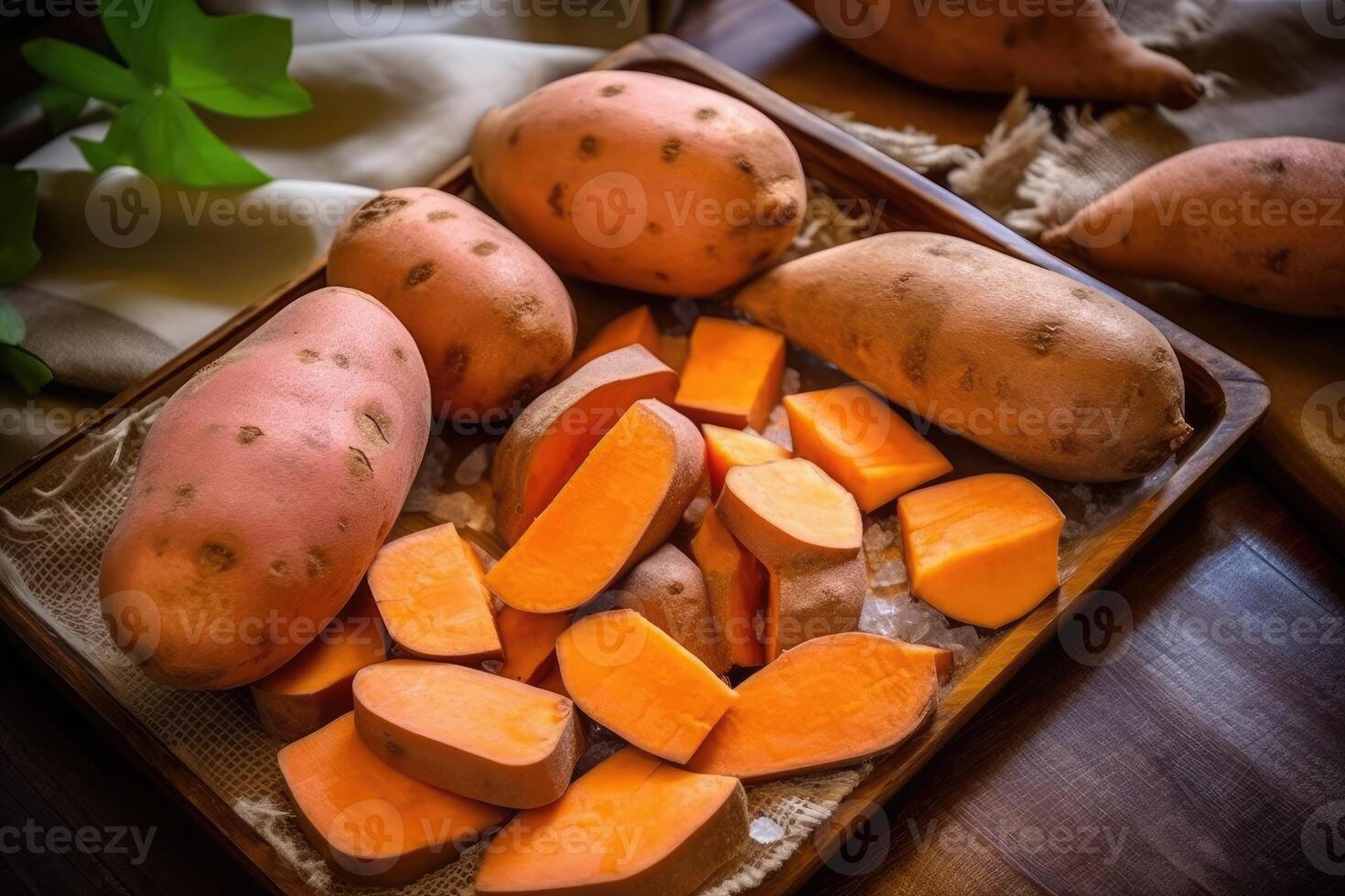 valores foto de dulce patata en cocina mesa plano laico ai generado