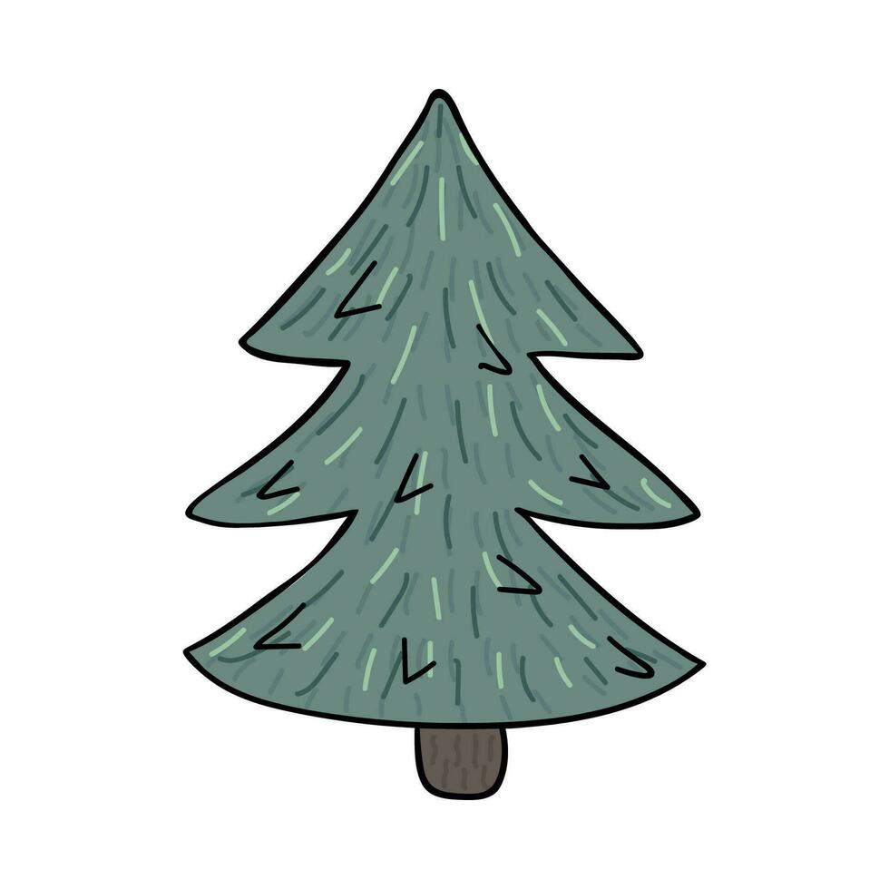 Cute Christmas tree in with stylized needles. Hygge holiday tree for stickers, planners, scrap elements, social media. Vector illustration with hand drawn doodle outline isolated on background