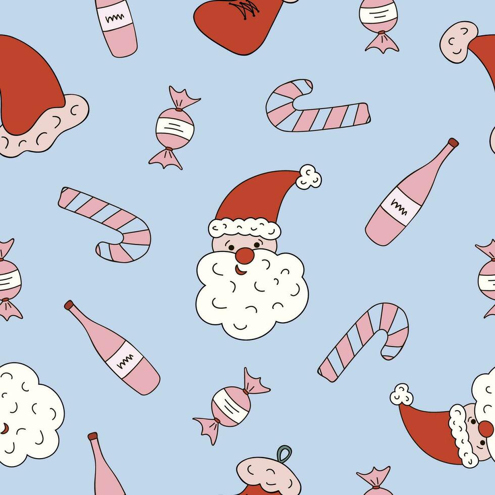 Christmas and New year seamless pattern with Santa Claus face close up, candy cane, bottle of champagne. Hand drawn vector illustrations on blue background. For wrapping paper, textile, notebook.