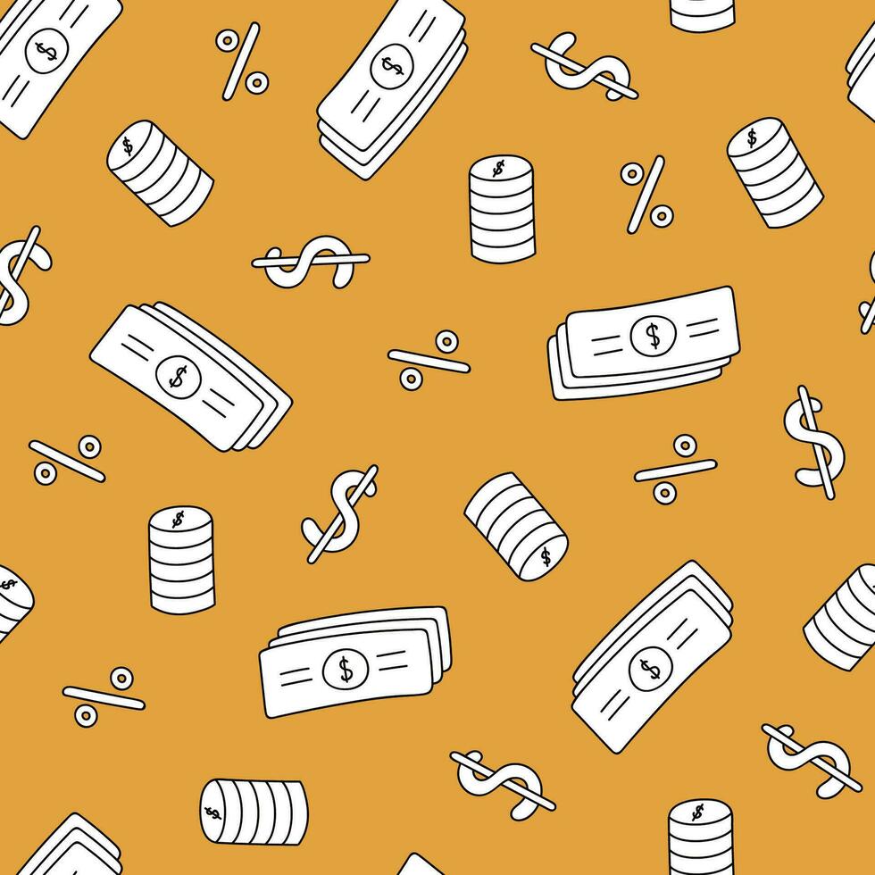 Cute and colorful vector seamless hand drawn pattern with money, cash, coins, dollar, percent. Can be used for, wrapping paper, bedclothes, notebook, packages, gift paper.