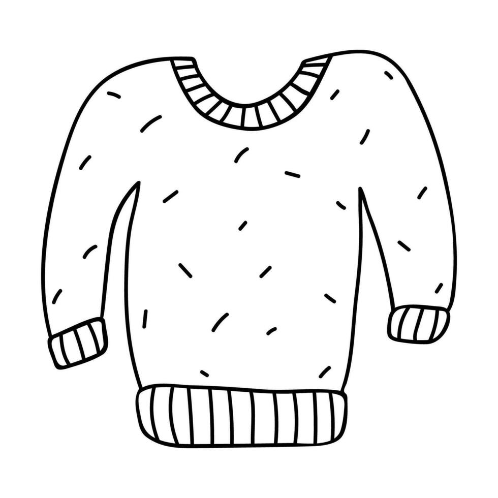 Cute and funny hand drawn knitted sweater for a cold weather with trendy decor. Vector illustration with hand drawn outline isolated on background. Stylized christmas symbol.