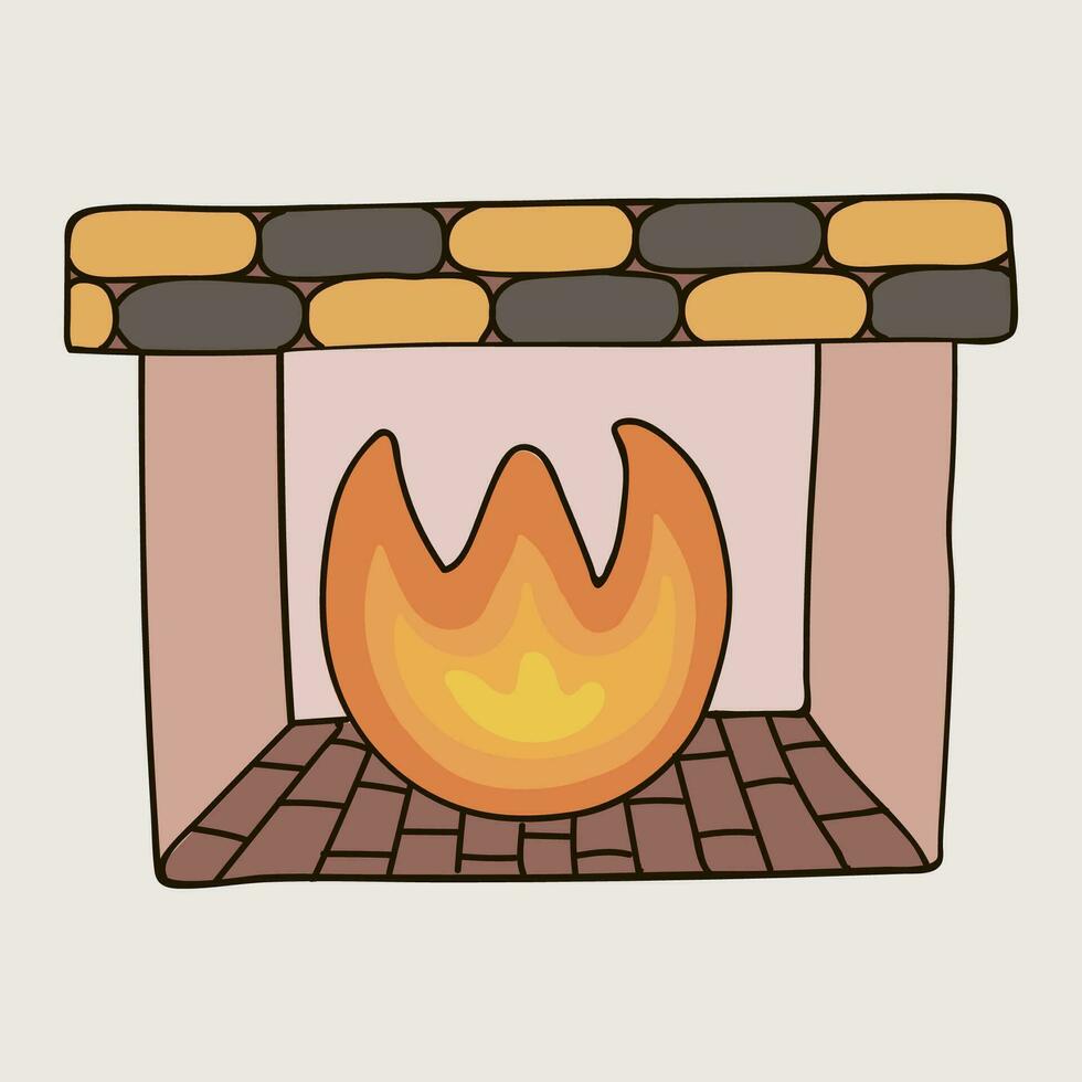 mano dibujado hogar con fuego y ladrillos para hogar interior en calentar colores. Navidad y invierno firmar, clipart en escandinavo estilo. vector ilustración con garabatear contorno aislado en antecedentes.