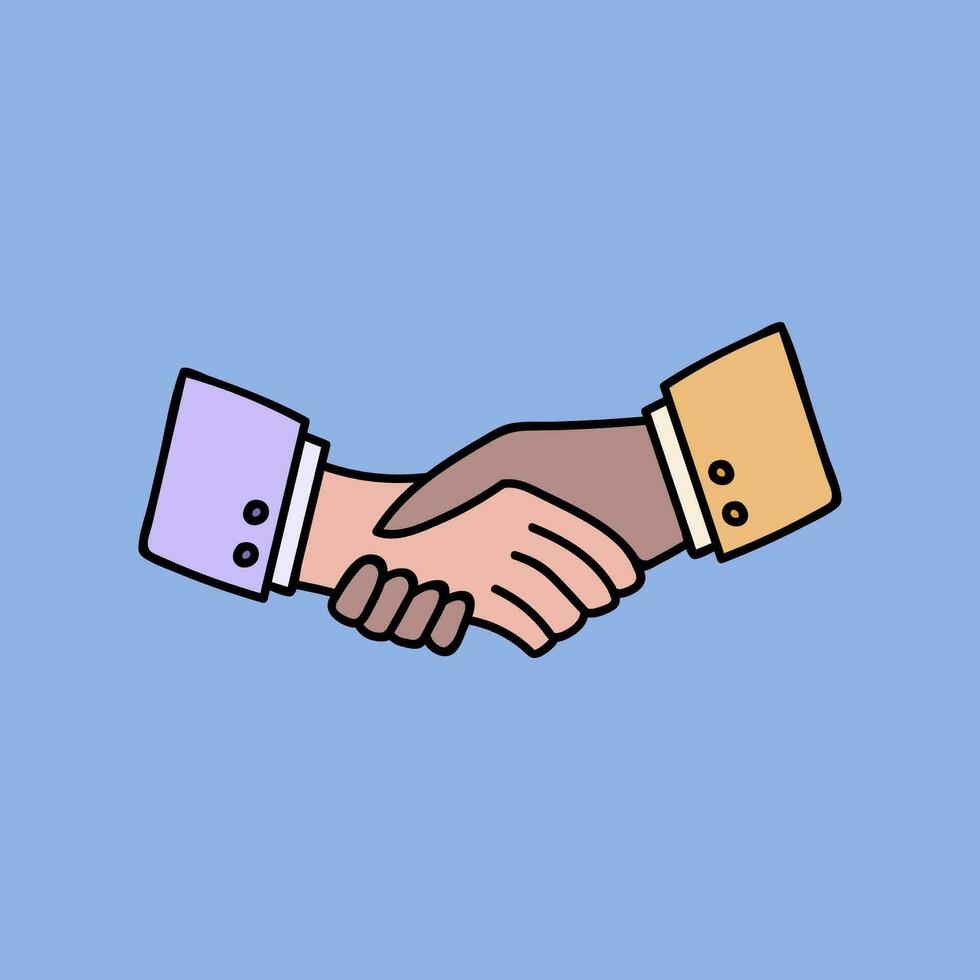 Cute hand drawn icon of handshake of two people in suits, agreement between colleges, business partners, greeting of friends. Vector clipart illustration isolated on the background with outline.