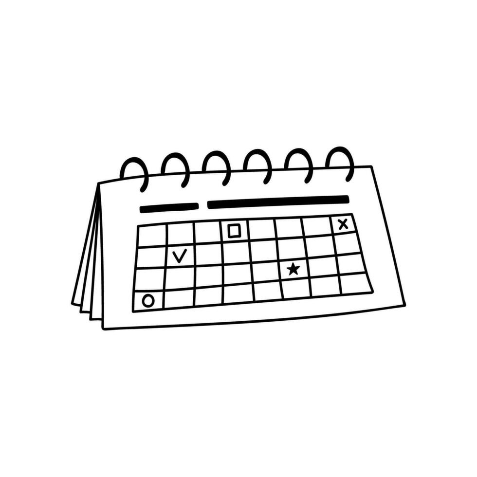 Trendy hand drawn calendar on rings in doodle style. Business icon about time on project, deadlines, dates, achievement tasks on right time. Vector illustration isolated on the background