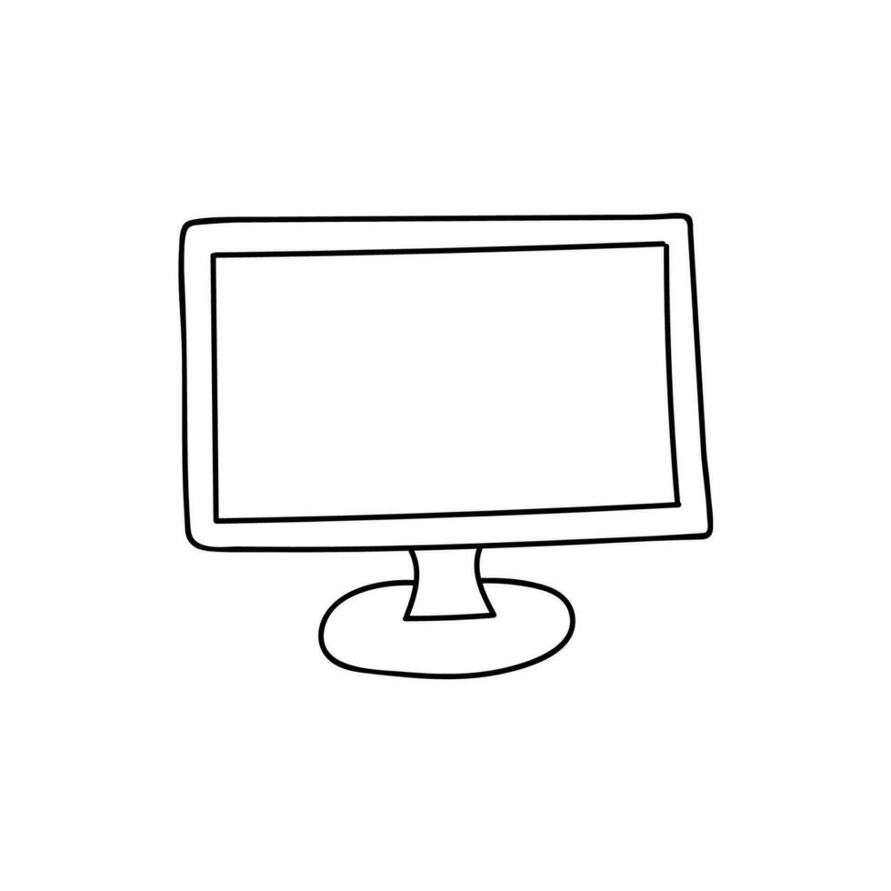 Cute doodle computer for business, communication, education, games. Device for office, working at home, at cafe. Vector illustration isolated on background with hand drawn outline.