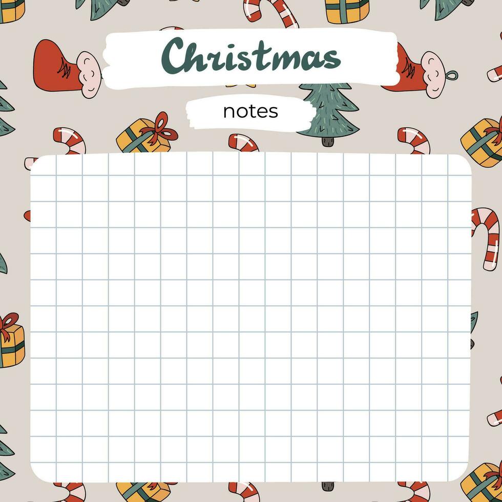Cute scrapbook template for planner for christmas notes with hand drawn christmas and new year Illustration. Printable, editable. For school and university schedule. Empty list of everyday tasks. vector