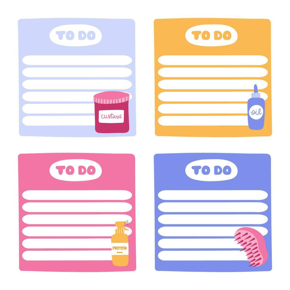 Cute scrapbook templates for planner. Notes, to do, to buy and other with colorful illustrations with cosmetic hair products. With printable, editable illustrations. For school, university schedule. vector