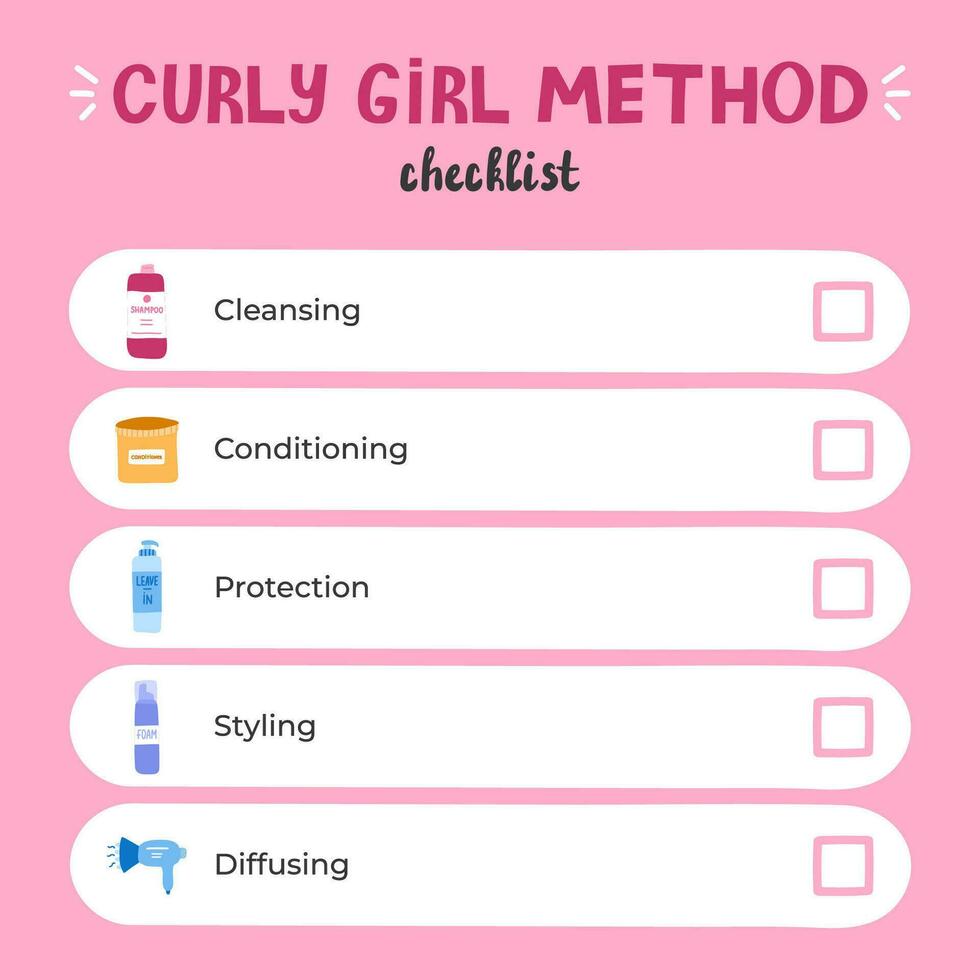 Curly girl method checklist about care of curly hair with cute hand drawn vector illustrations. Right care sequence for beautiful and healthy curls. Checklist is perfect for planners, notebooks.