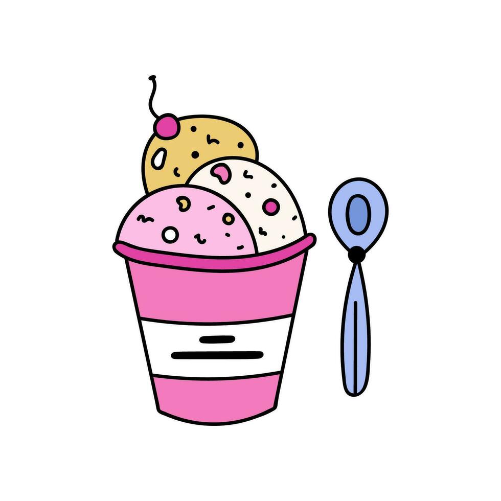 Cute and simple ice cream doodle. Cold dessert for summer days. Tasty sweer food. Sign of holiday, vacation, hot weather. Simple hand drawn clipart isolated on the background with hand drawn outline. vector