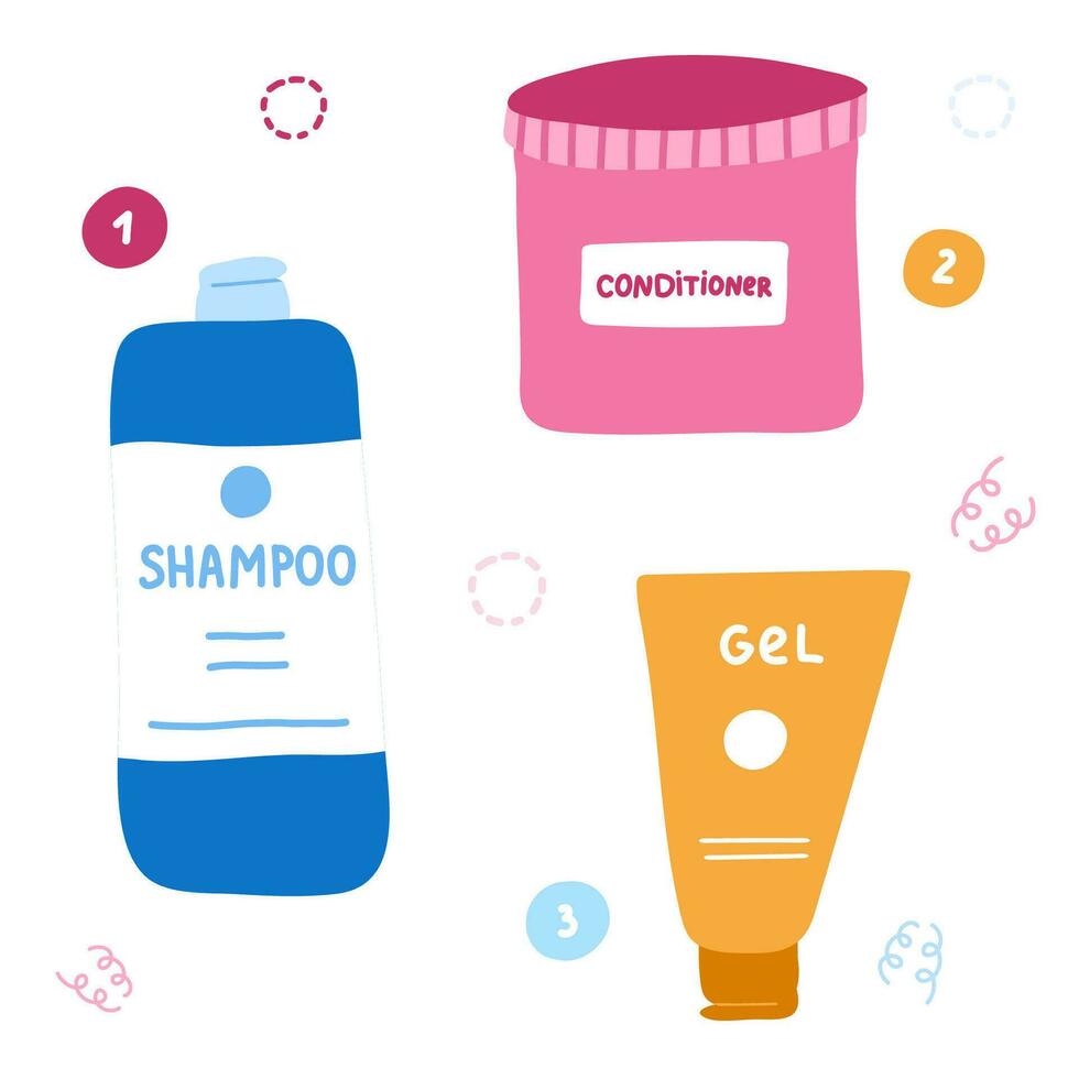 diseño concepto de pelo cuidado proceso para Rizado niña método. cosmético productos y botellas para condición, estilo y seco ondulado, ondulado y rizado cabello. cgm en pasos. Rizado pelo rutina en infografía. vector