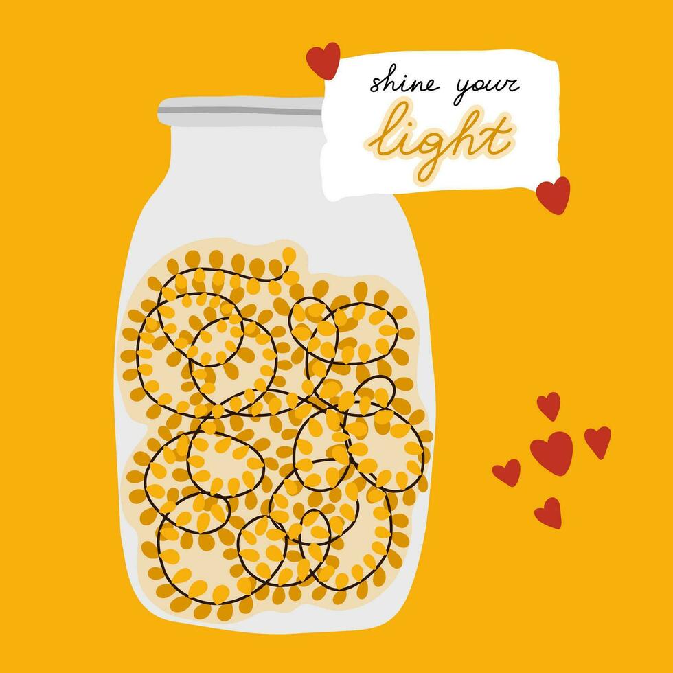 Cozy postcard with calligraphic hand drawn lettering on piece of school sheet about light, hygge illustration of glass jar with lighted garland inside it. Hand drawn bright card. Vector design.