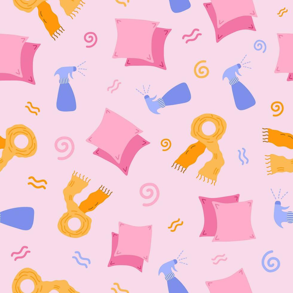 Cute and colorful vector seamless hand drawn pattern with cosmetic products for Curly Girl Method, curly hair routine. Can be used for, wrapping paper, bedclothes, notebook, packages, gift paper.