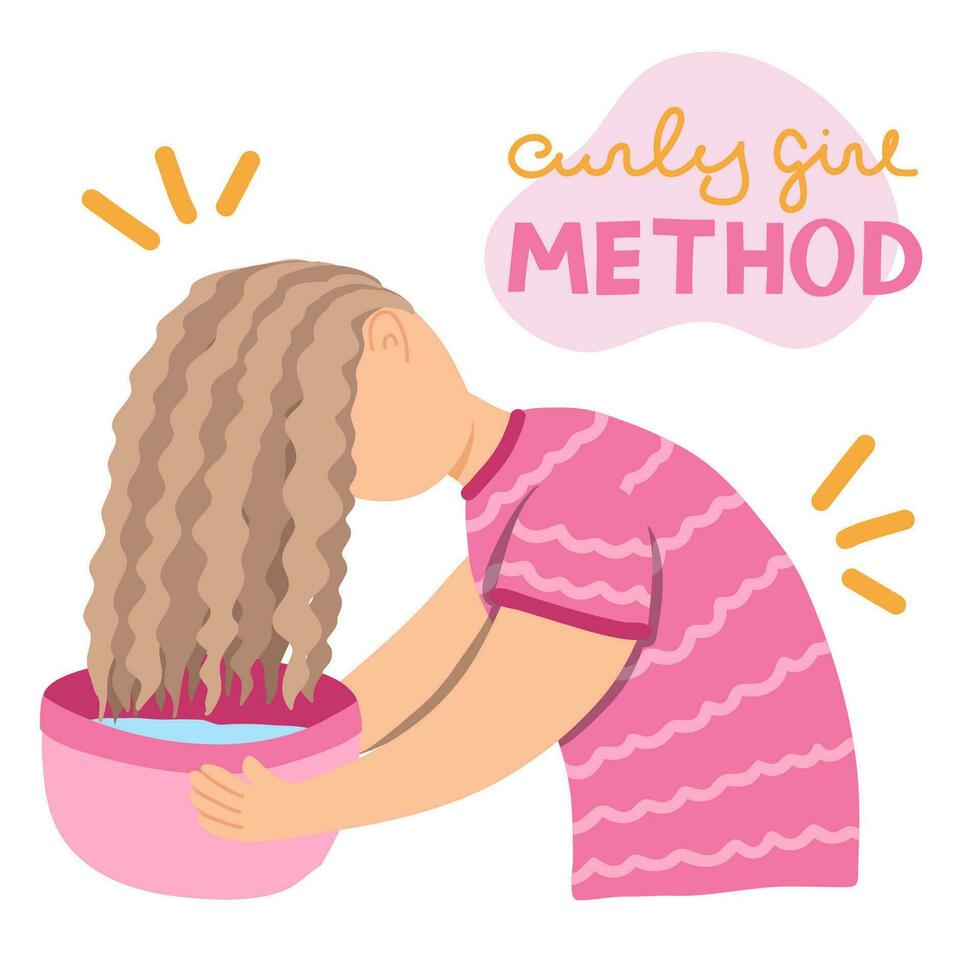Woman's moisturizing curly hair in the bowl with water. Girl stands upside down, holds in hands basin and makes deep conditioning. Concept of conditioning hair. Haircare routine in steps. Bowl method vector