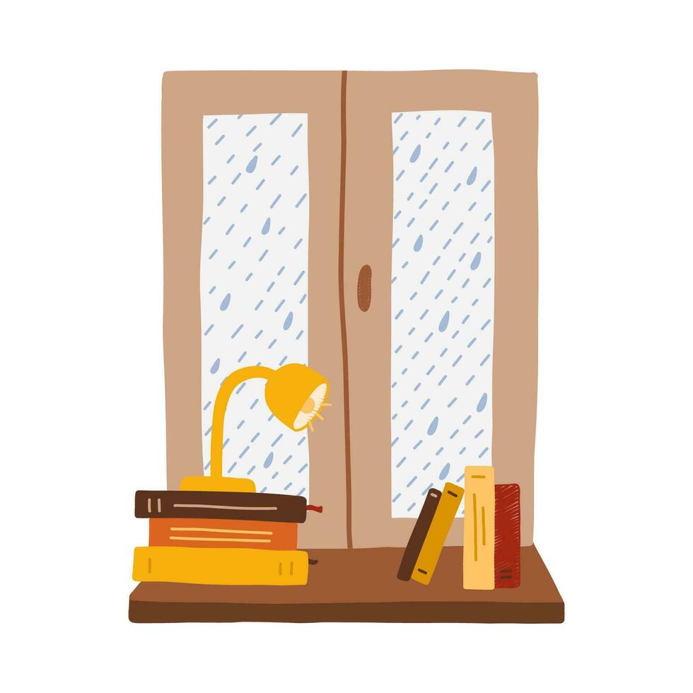 Cozy autumn symbol and cozy atmosphere at home. Window with rain outside glass and books, lamp on windowsill. Hygge hand drawn illustration. Can be used for fabric, sticker, scrapbooking, print. vector