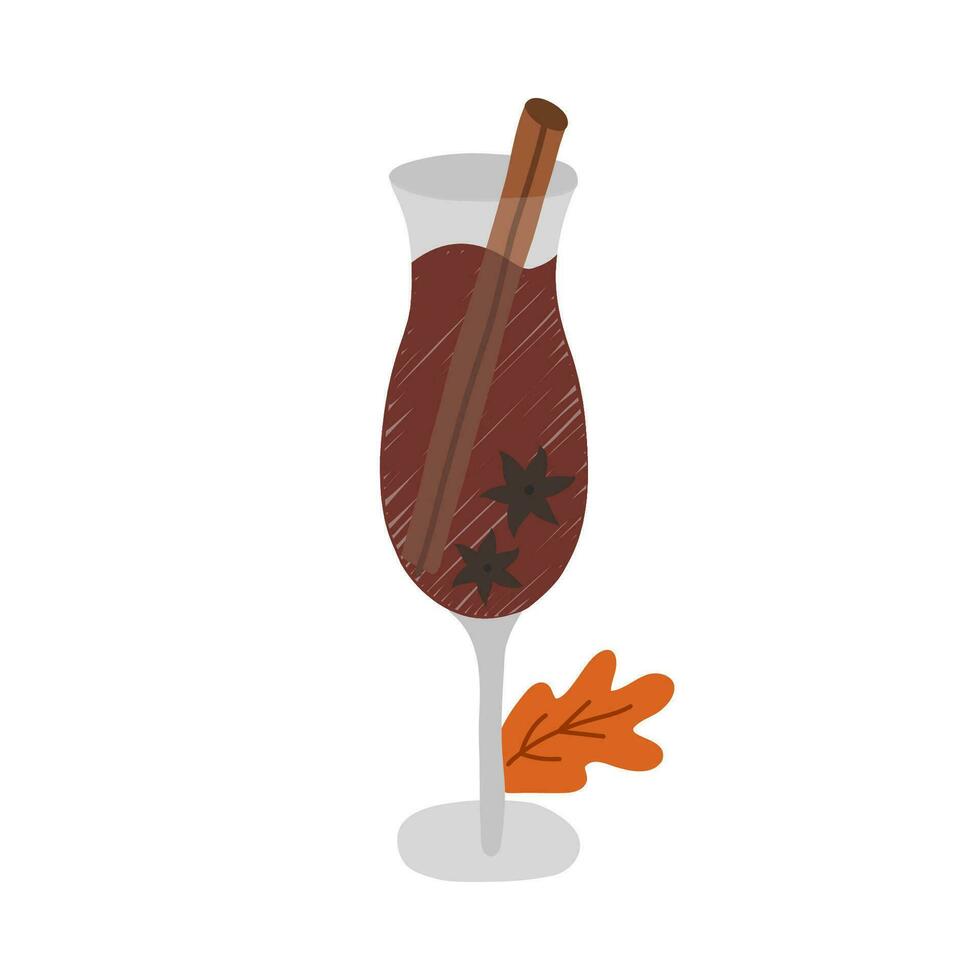 Cozy autumn clip art with seasonal drink. Glass of hot mulled wine with cinnamon, cloves and leaf. Hygge hand drawn illustration isolated on background. Can be used for fabric, sticker, scrapbooking. vector