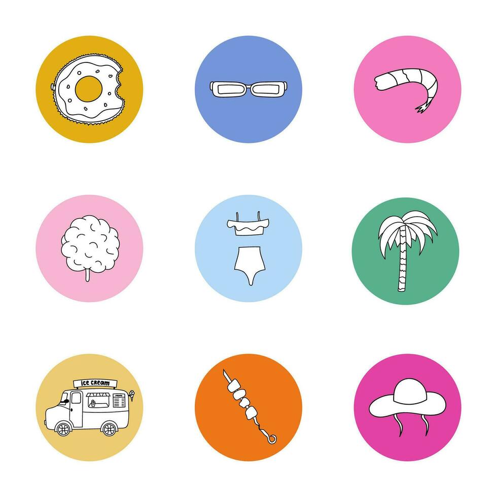 Cute hand drawn set of vector highlights for social media. Icons set about vacation, summer trips, traveling, holidays. Vector doodle illustrations in bright palette