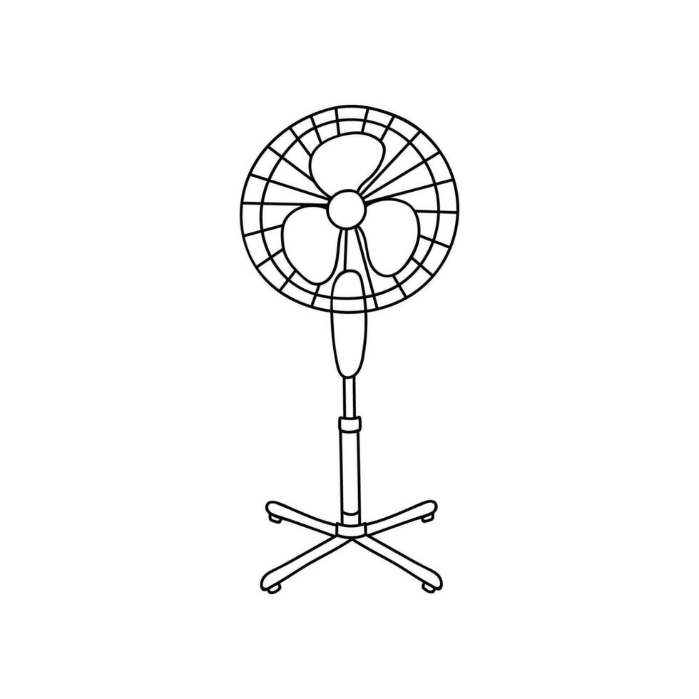Cute and funny vector hand drawn clipart of fan with a cool air, for the hot climate and temperature. Simple colorful hand drawn doodle isolated on the background.