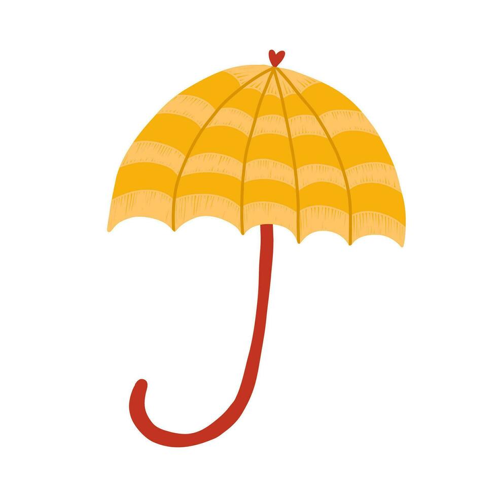 Cozy clip art with autumn symbol. Funny umbrella with horizontal stripes and heart above it. Hygge hand drawn illustration isolated on background. Can be used for fabric, sticker, scrapbooking, print vector
