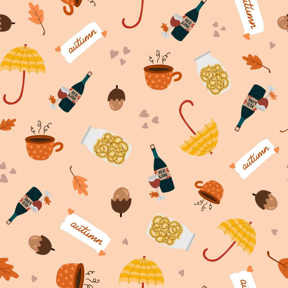 Cozy and hygge vector seamless hand drawn pattern with hygge autumn clip arts of seasonal clothes, food and drinks, decor. Can be used for, wrapping paper, bedclothes, notebook, packages, gift paper.