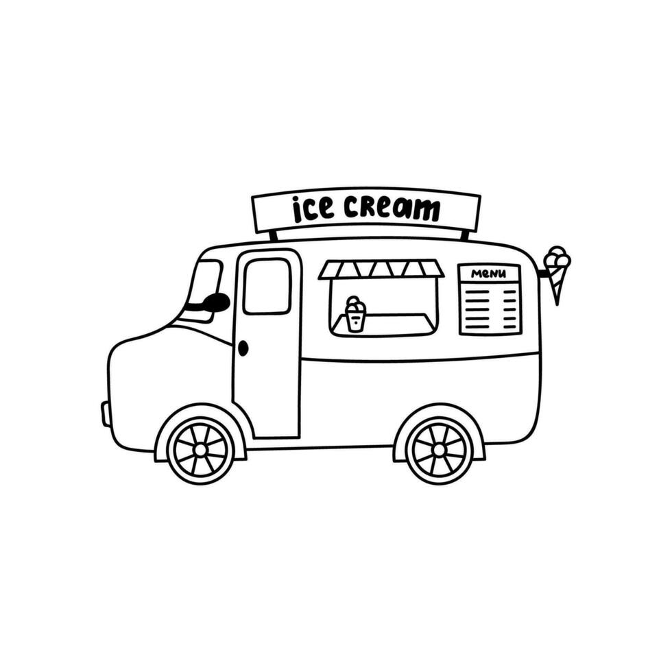 Cute hand drawn retro ice cream van. Isolated doodle on the white background. Classic summer ice cream truck. Side view vector illustration. Sign of carnival, childhood, vacation, holiday.