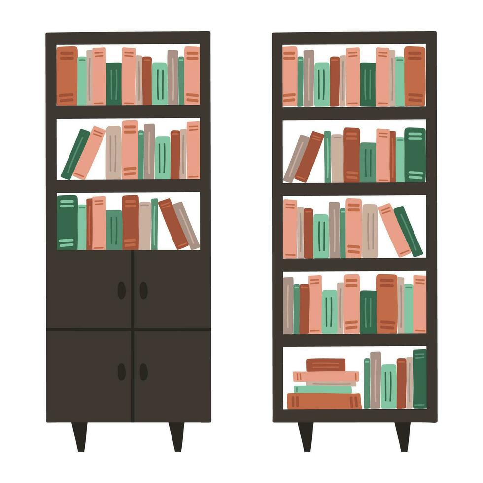 dibujos animados conjunto de librerías con un lote de libros. mueble para vivo habitación interior en boho estilo. mano dibujado vector ilustración en beige y verde colores. retro hogar adentro. acogedor Doméstico departamento.