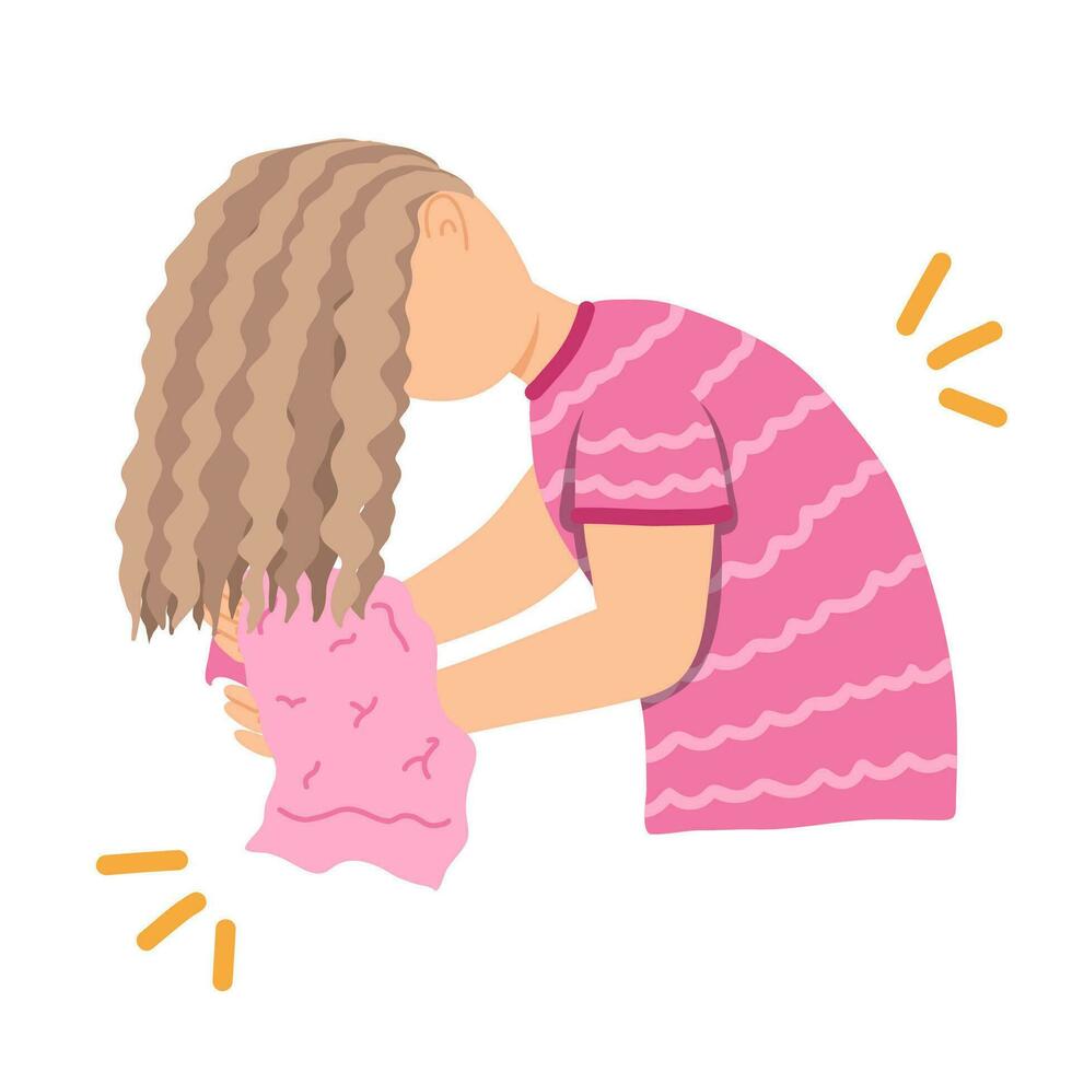 Young woman dries hair with a towel after shampooing. Girl stands upside down, holds in hands microfiber or silk fabric and dries curls. Concept of washing and plopping hair. Haircare routine in steps vector
