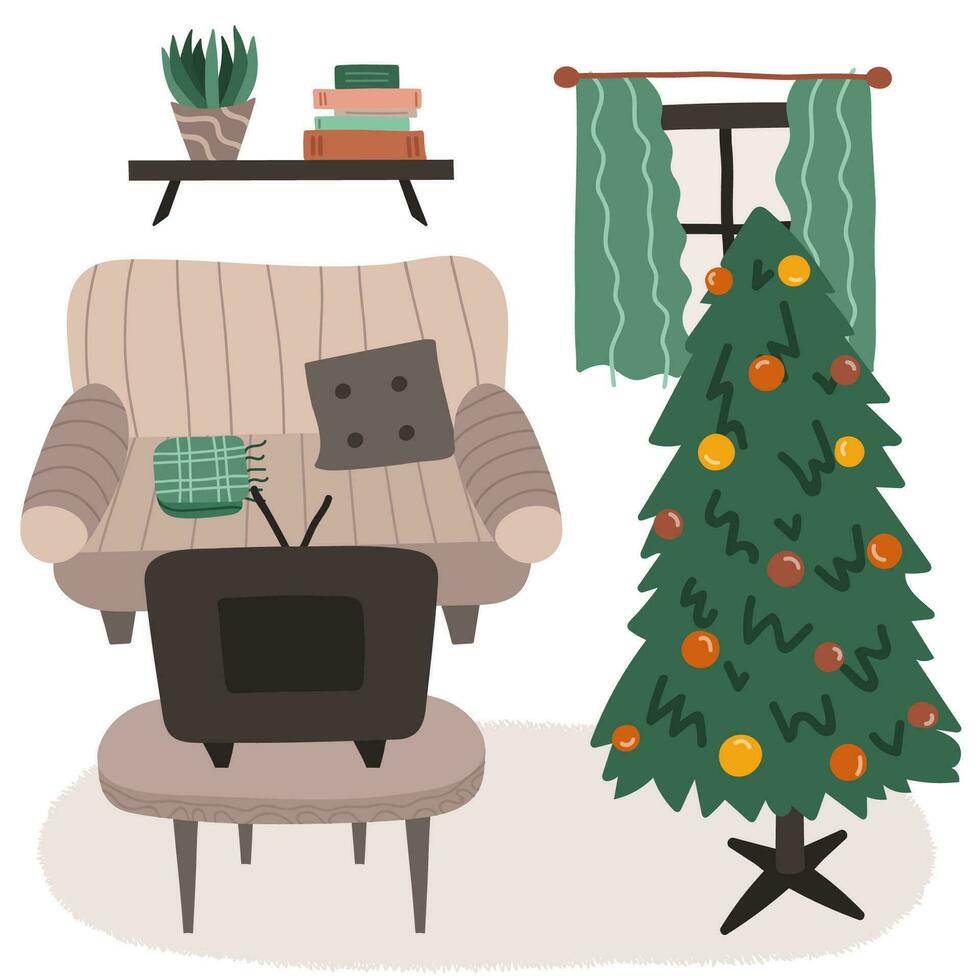 Christmas living room interior in boho style. Lounge with sofa, retro TV, coffee table, christmas tree. Cartoon hand drawn illustration. Retro home inside with furniture. Cozy domestic apartment. vector