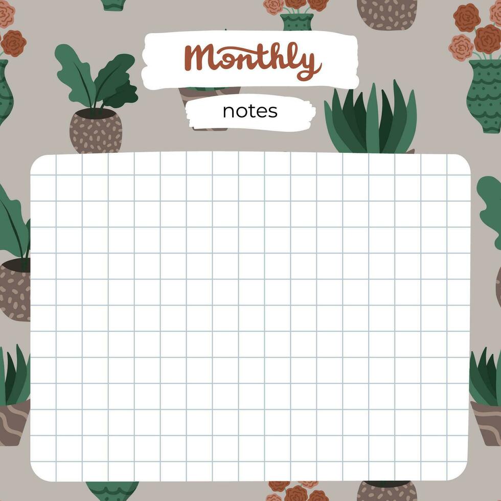 Cozy scrapbook template of monthly notes for planner with blank to do with illustrations about home interior in boho style. With printable, editable illustrations. For school, university schedule. vector