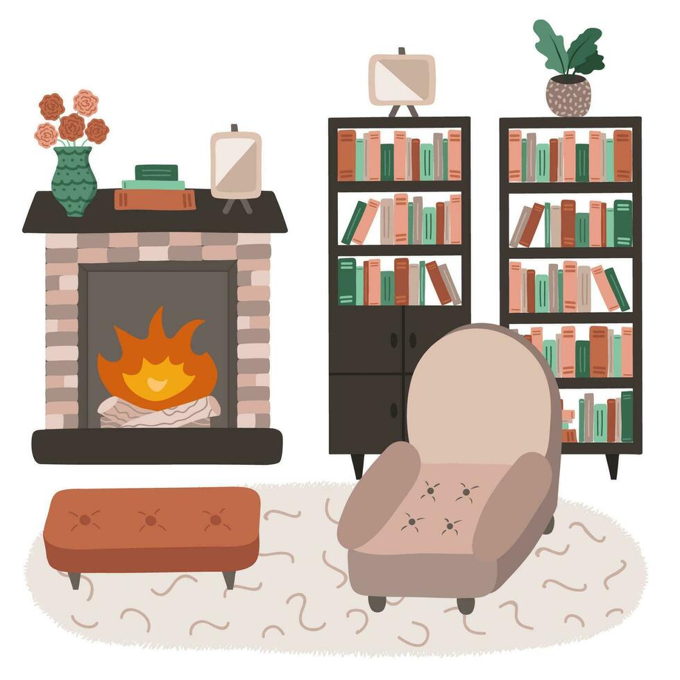 Living room interior in boho style. Lounge with armchair, bookcases, carpet, fireplace, flowers in pot. Cartoon hand drawn illustration. Retro home inside with furniture. Cozy domestic apartment. vector