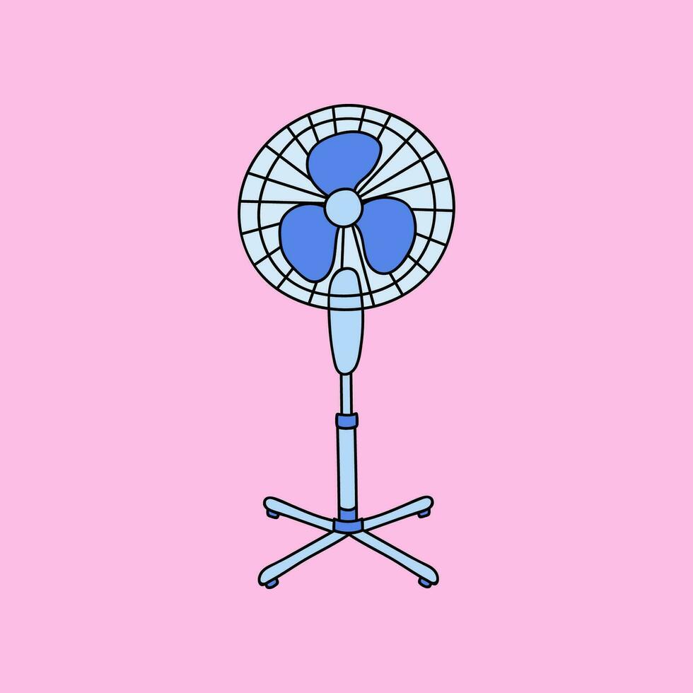 Cute and funny vector hand drawn clipart of fan with a cool air, for the hot climate and temperature. Simple colorful hand drawn doodle isolated on the background.