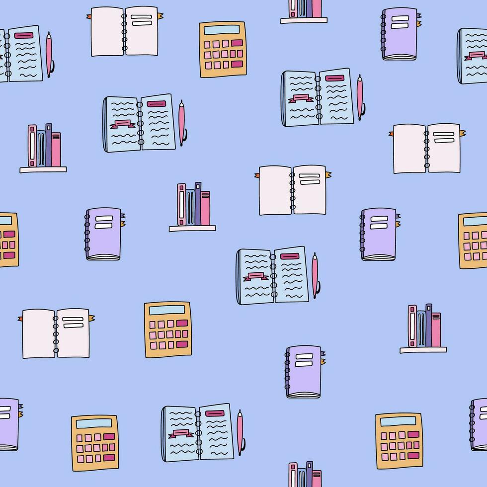 Cute and colorful vector seamless hand drawn pattern with notebooks with notes, shelf of books, calculator. Can be used for, wrapping paper, bedclothes, notebook, packages, gift paper.