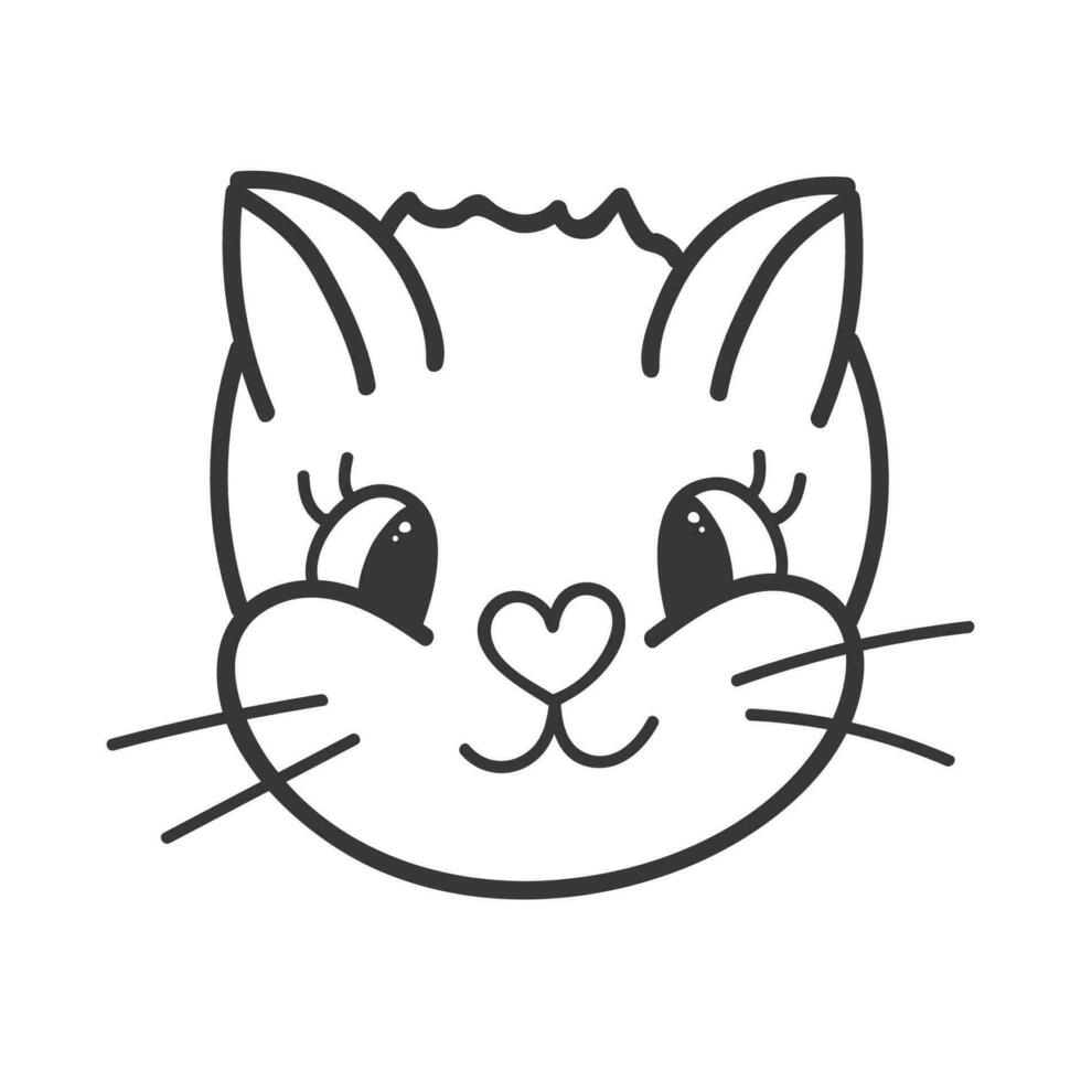 Funny and cute cat face close up. Vector doodle with hand drawn outline isolated on white background. Home pet illustration for stickers, planners, scrap elements, social media