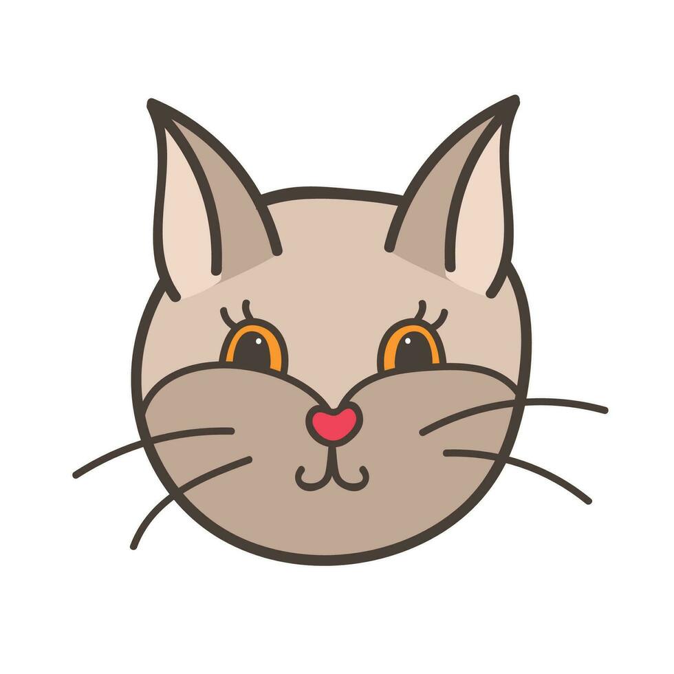 Funny, colorful and cute cat face close up. Vector doodle with hand drawn outline isolated on white background. Home pet illustration for stickers, planners, scrap elements, social media