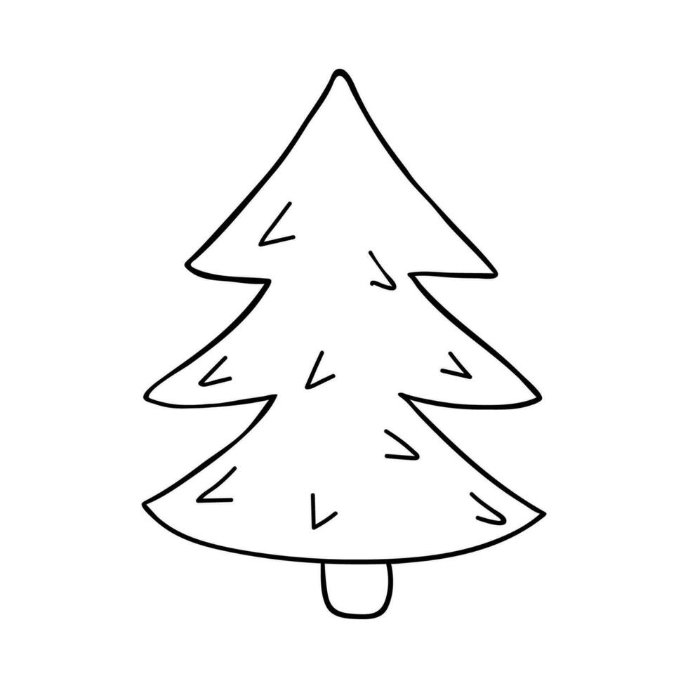 Cute Christmas tree in with stylized needles. Hygge holiday tree for stickers, planners, scrap elements, social media. Vector illustration with hand drawn doodle outline isolated on background.