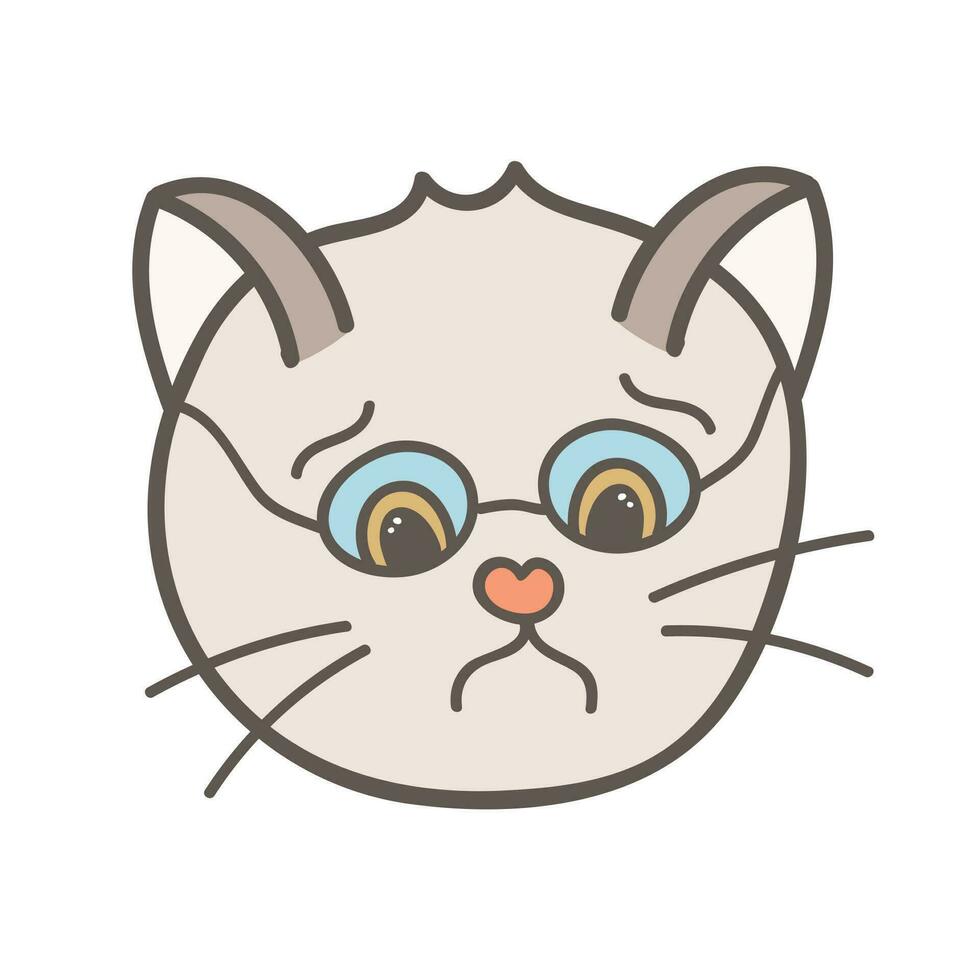 Funny, colorful and cute cat face close up. Vector doodle with hand drawn outline isolated on white background. Home pet illustration for stickers, planners, scrap elements, social media