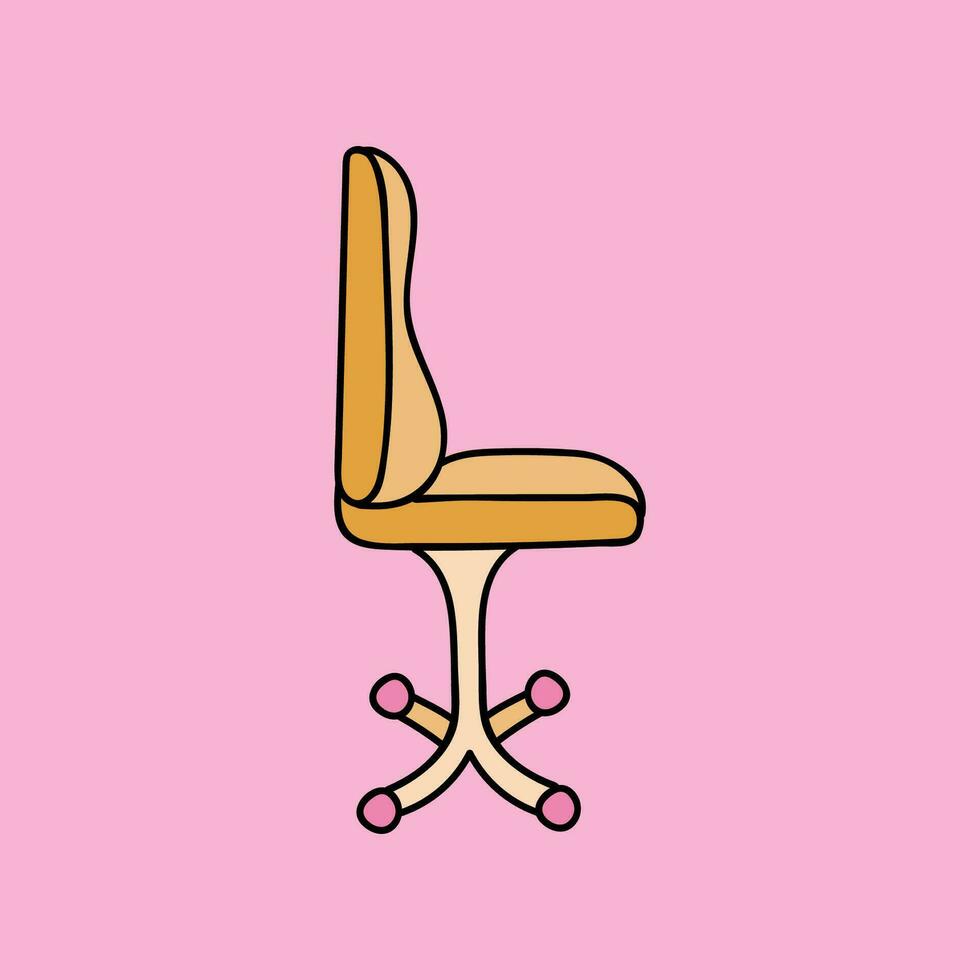 Cute hand drawn cartoon yellow office chair with comfortable and soft back with wheels. Vector clipart illustration isolated on background.